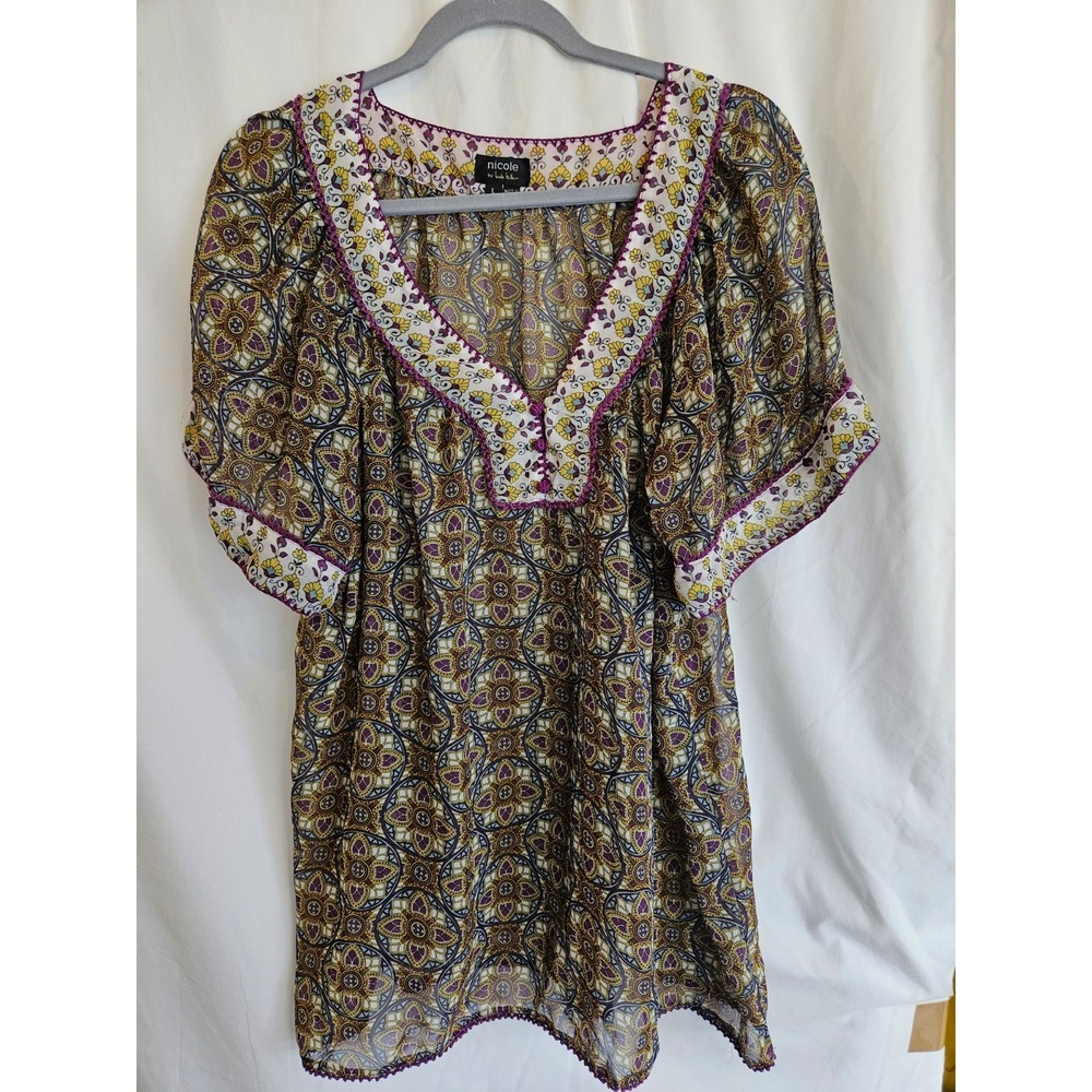Nicole by Nicole Miller Womens L Multicolor Floral V-Neck Sheer Blouse Crochet